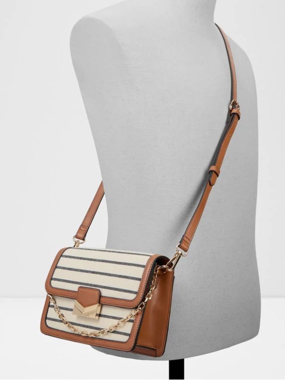 NWT ALDO Women's Striped Canvas Crossbody Bag in White and Brown - Picture 10 of 10